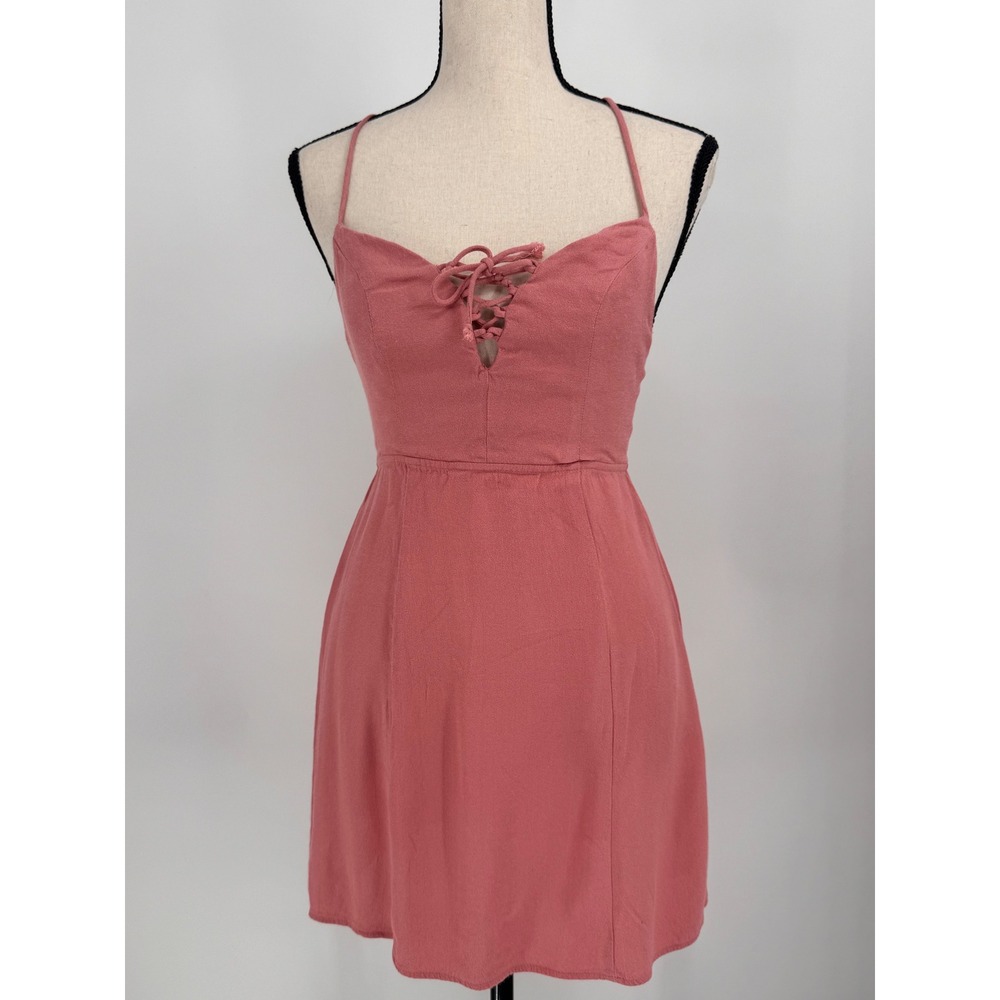 Reformation Mini Dress Women Size 0 Pink Lace Up Front Fit and Flare Crepe